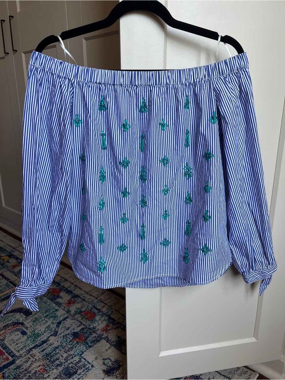 J.Crew Embellished Off-the-Shoulder Beaded Striped Cotton Poplin Blouse 00